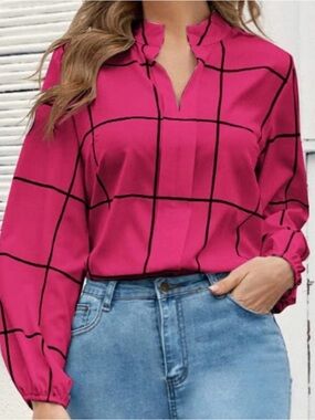 Classic Fuchsia Windowpane Blouse - Women's Top